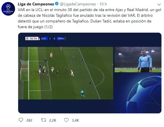 La UEFA explica por qué el VAR anuló el primer gol del Ajax ante el Real Madrid La UEFA explica por qué el VAR anuló el primer gol del Ajax ante el Real Madrid