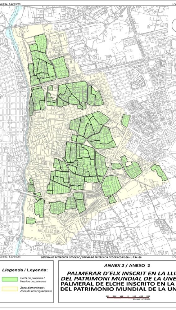 Mapa con los huertos históticos (Unesco) de Elche