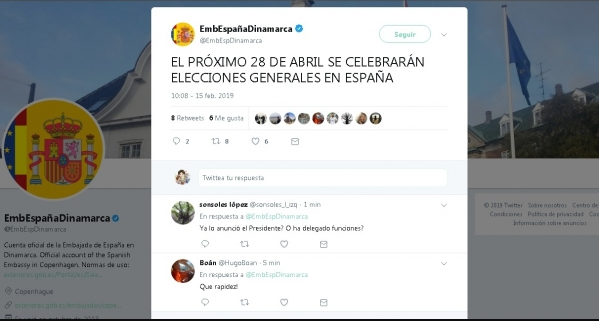 La Embajada de España en Dinamarca anuncia en Twitter la convocatoria de elecciones quince minutos antes que Sánchez La Embajada de España en Dinamarca anuncia en Twitter la convocatoria de elecciones quince minutos antes que Sánchez