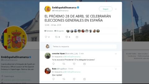 Tweet de la embajada de Espa&ntilde;a en Dinamarca