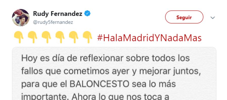 El mensaje de Rudy Fernández en su cuenta de Twitter El mensaje de Rudy Fernández en su cuenta de Twitter