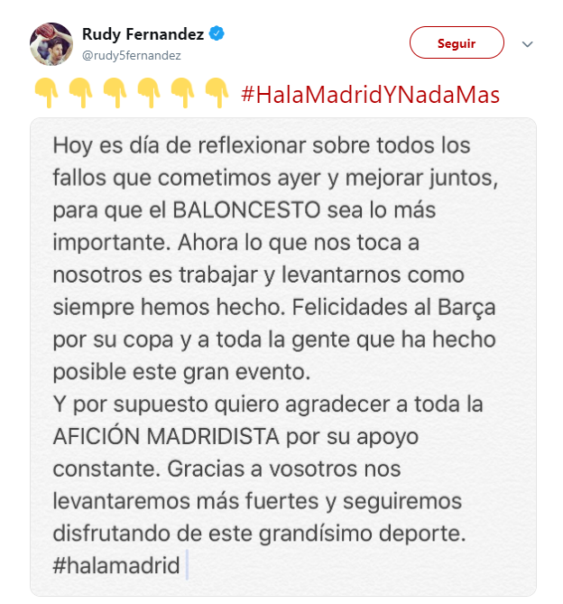 Rudy Fernández, tras la polémica de la final de Copa: "Hay que mejorar juntos para que el baloncesto sea lo más importante" Rudy Fernández, tras la polémica de la final de Copa: "Hay que mejorar juntos para que el baloncesto sea lo más importante"