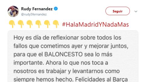 El mensaje de Rudy Fern&aacute;ndez en su cuenta de Twitter