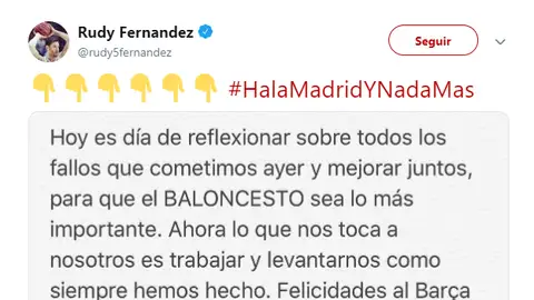 El mensaje de Rudy Fernández en su cuenta de Twitter El mensaje de Rudy Fernández en su cuenta de Twitter