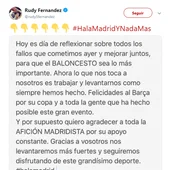 El mensaje de Rudy Fernández en su cuenta de Twitter El mensaje de Rudy Fernández en su cuenta de Twitter