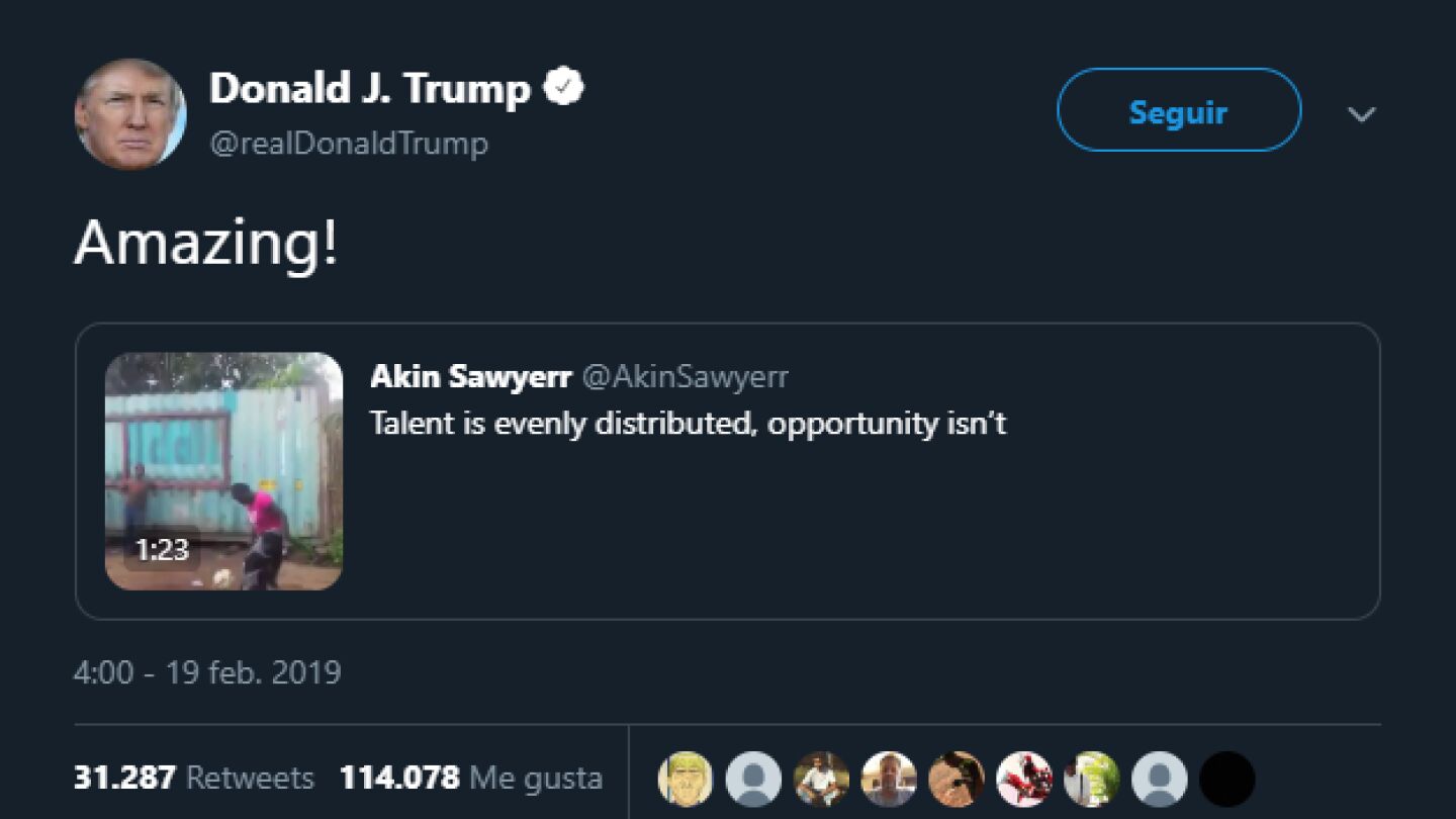 Trump comparte el v&iacute;deo de una mujer africana con grandes dotes con el bal&oacute;n de f&uacute;tbol