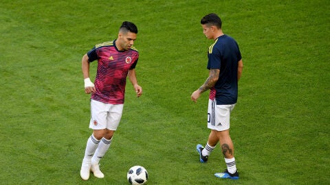 James y Falcao, durante un entrenamiento con Colombia