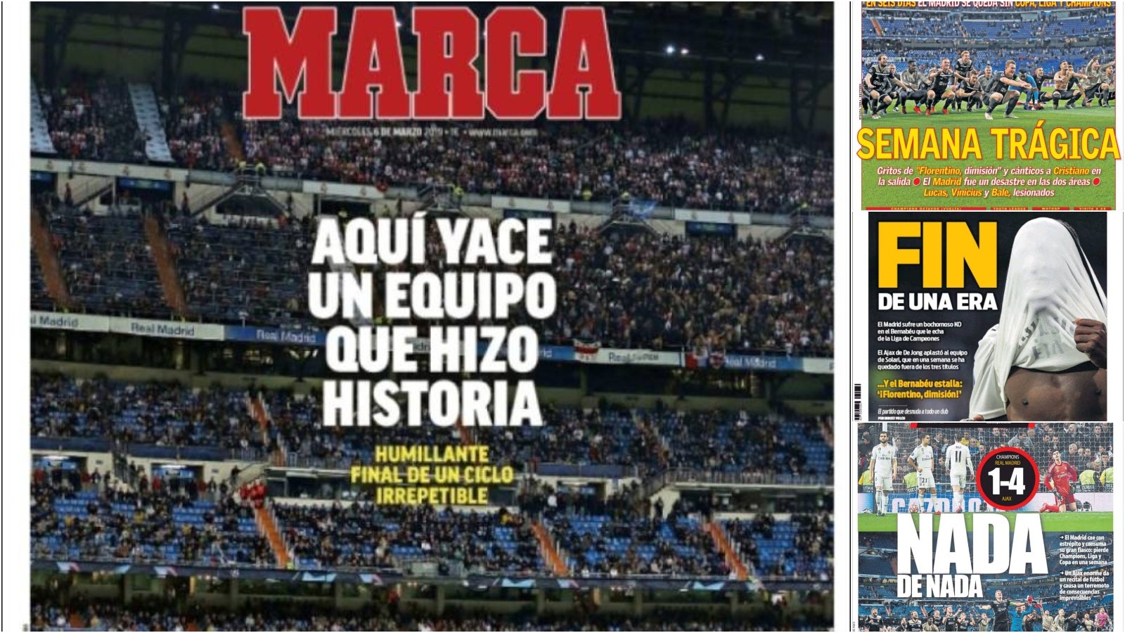 El batacazo histórico del Real Madrid ante el Ajax copa las portadas deportivas: "Aquí yace un equipo que hizo historia" o "Fin de una era" El batacazo histórico del Real Madrid ante el Ajax copa las portadas deportivas: "Aquí yace un equipo que hizo historia" o "Fin de una era"