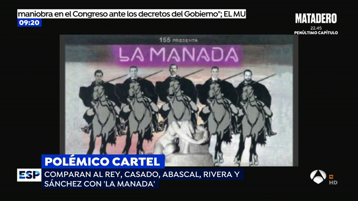Cuelgan en el Ayuntamiento de Olot un cartel que compara a 'La Manada' con el Rey, Sánchez, Casado, Rivera y Abascal Cuelgan en el Ayuntamiento de Olot un cartel que compara a 'La Manada' con el Rey, Sánchez, Casado, Rivera y Abascal