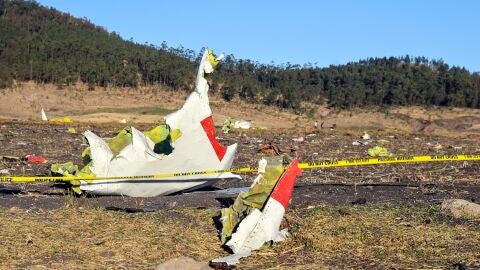 Imagen de los restos del Boeing 737 de Etiop&iacute;a Airlines esparcidos en el suelo
