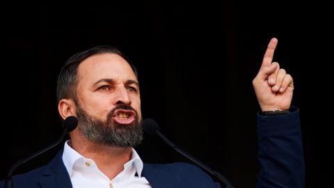 El l&iacute;der de Vox Santiago Abascal, durante su intervenci&oacute;n en el acto