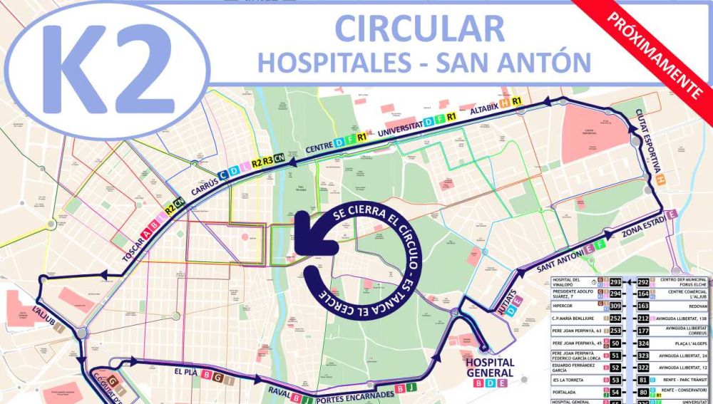 Plano recorrido linea K2 del autobús urbano de Elche