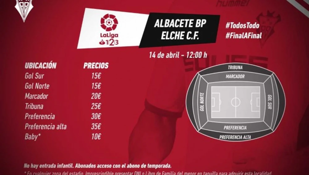 Precio de las entradas para el partido Albacete-Elche.