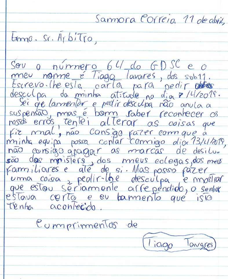 La emotiva carta de un niño tras ser expulsado en un partido de alevines La emotiva carta de un niño tras ser expulsado en un partido de alevines