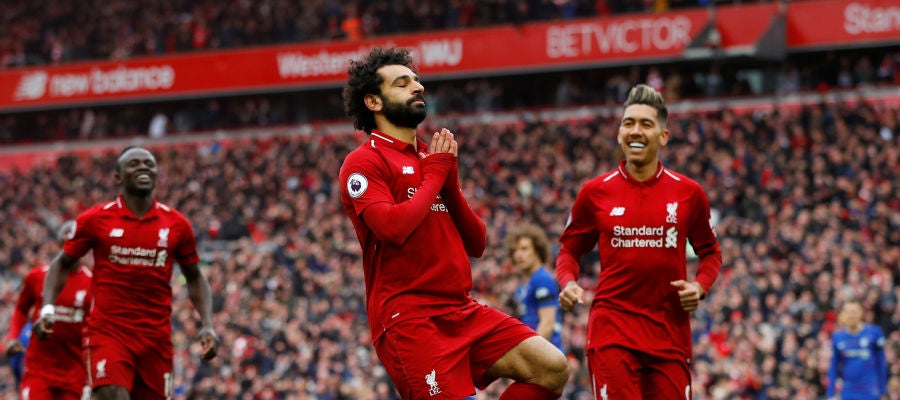 Salah celebra su golazo contra el Chelsea Salah celebra su golazo contra el Chelsea