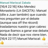Conversación de Whatsapp entre Méndez Monasterio y Manuel Mariscal de Vox