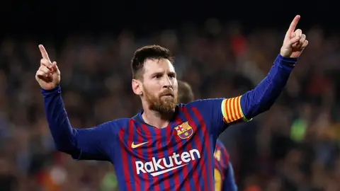 Leo Messi celebra uno de sus goles contra el Liverpool Leo Messi celebra uno de sus goles contra el Liverpool