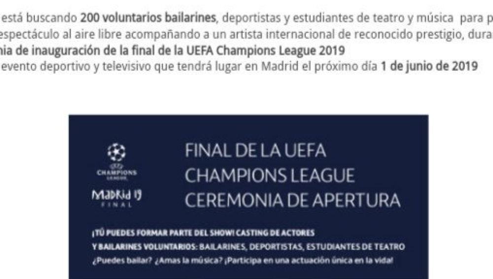 La oferta de la UEFA en la que piden "200 voluntarios bailarines"