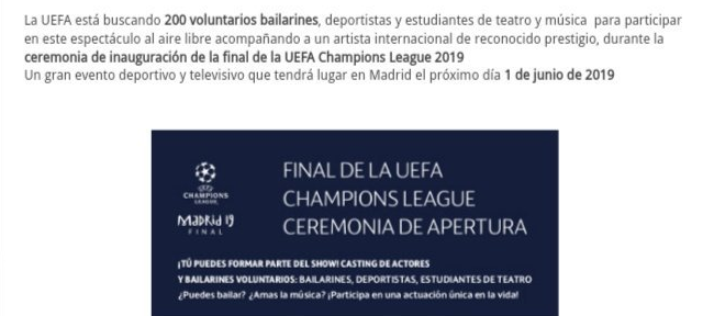 La UEFA busca "200 bailarines voluntarios" para actuar durante la final de la Champions en Madrid La UEFA busca "200 bailarines voluntarios" para actuar durante la final de la Champions en Madrid