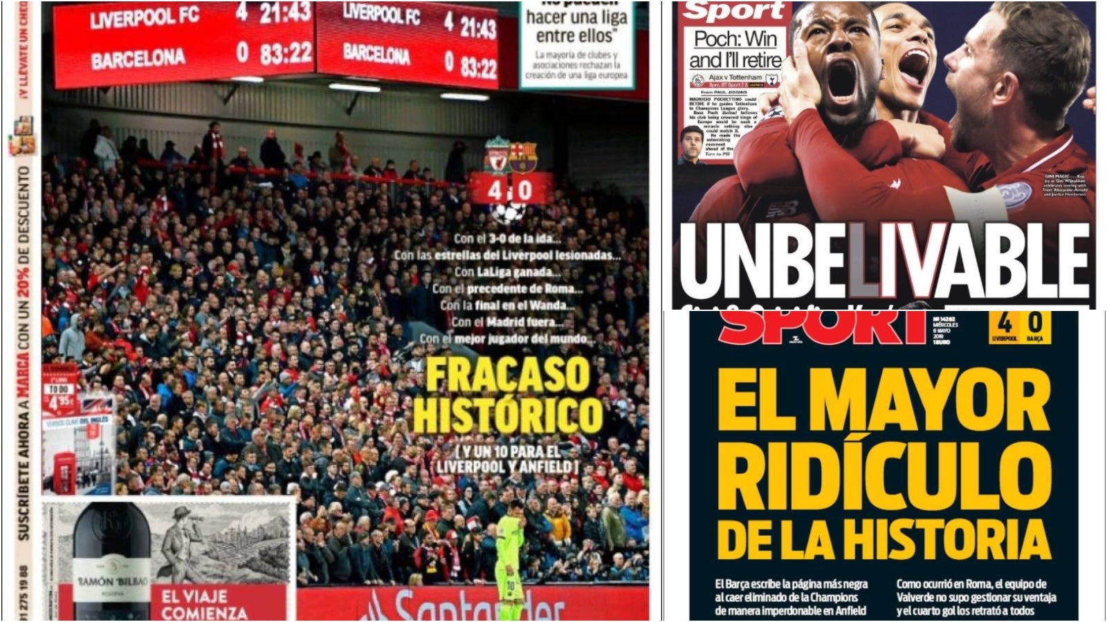 "El mayor ridículo de la historia", "Sonrojo" o "Fracaso histórico": la debacle del Barcelona en Anfield copa las portadas de la prensa "El mayor ridículo de la historia", "Sonrojo" o "Fracaso histórico": la debacle del Barcelona en Anfield copa las portadas de la prensa