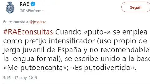 El tuit en el que la RAE explica el uso correcto de 'puto' El tuit en el que la RAE explica el uso correcto de 'puto'