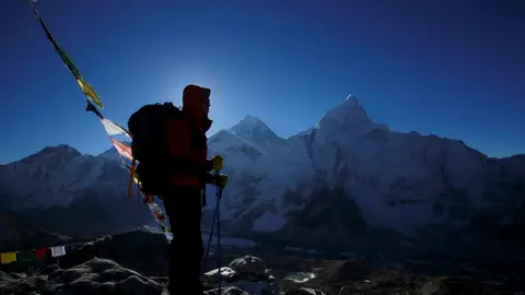 Un escalador frente a la cumbre del Everest Un escalador frente a la cumbre del Everest