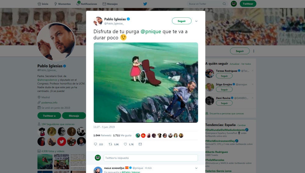 El polémico tuit de Pablo Iglesias en el que ironiza sobre la destitución de Echenique