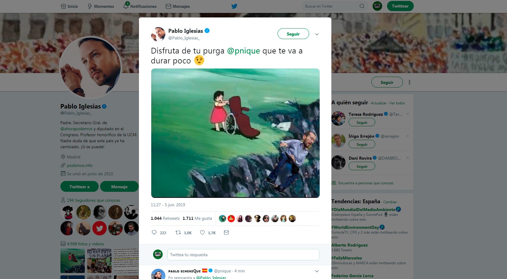 Iglesias publica un polémico tuit en el que ironiza sobre la destitución de Echenique Iglesias publica un polémico tuit en el que ironiza sobre la destitución de Echenique