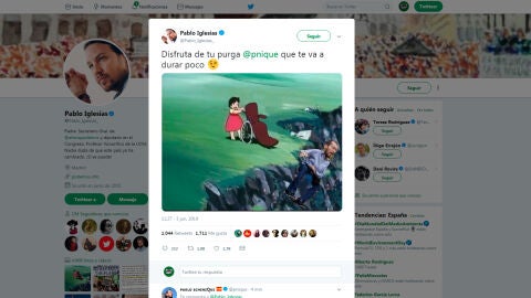 El pol&eacute;mico tuit de Pablo Iglesias en el que ironiza sobre la destituci&oacute;n de Echenique