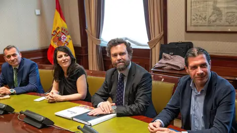 Los representantes de Vox en el Congreso, Pedro Hernández (d), Iván Espinosa de los Monteros y Macarena Olona Choclán (3d), durante la reunión que han mantenido con representantes del PP en la Cámara Baja para avanzar en las negociaciones de gobiernos Los representantes de Vox en el Congreso, Pedro Hernández (d), Iván Espinosa de los Monteros y Macarena Olona Choclán (3d), durante la reunión que han mantenido con representantes del PP en la Cámara Baja para avanzar en las negociaciones de gobiernos