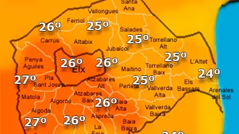 Mapa de temperaturas aproximadas que se esperan en Elche este lunes. Mapa de temperaturas aproximadas que se esperan en Elche este lunes.