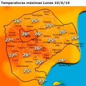 Mapa de temperaturas aproximadas que se esperan en Elche este lunes.