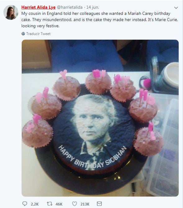 Encargan una tarta con la foto de Mariah Carey y les hacen una de Marie Curie Encargan una tarta con la foto de Mariah Carey y les hacen una de Marie Curie