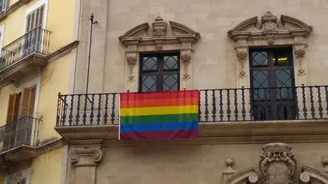 La bandera LGTBI colgada en el Ayuntamiento de Palma La bandera LGTBI colgada en el Ayuntamiento de Palma