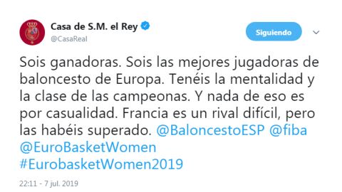 Tuit del rey felicitando a la selecci&oacute;n espa&ntilde;ola de baloncesto femenino