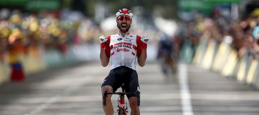 Thomas de Gendt celebra el triunfo de etapa en el Tour de Francia Thomas de Gendt celebra el triunfo de etapa en el Tour de Francia