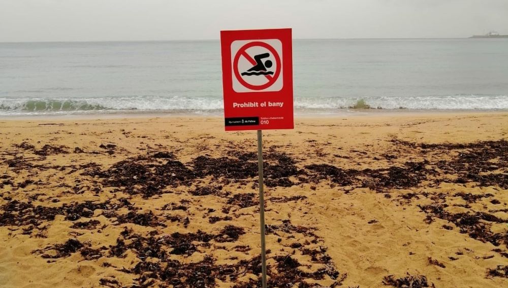 Cartel de prohibición de baño en una playa de Palma.