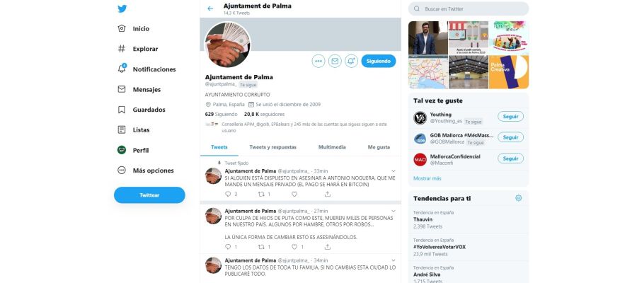 Hackean la cuenta oficial de Twitter del Ayuntamiento de Palma para amenazar a Antoni Noguera Hackean la cuenta oficial de Twitter del Ayuntamiento de Palma para amenazar a Antoni Noguera