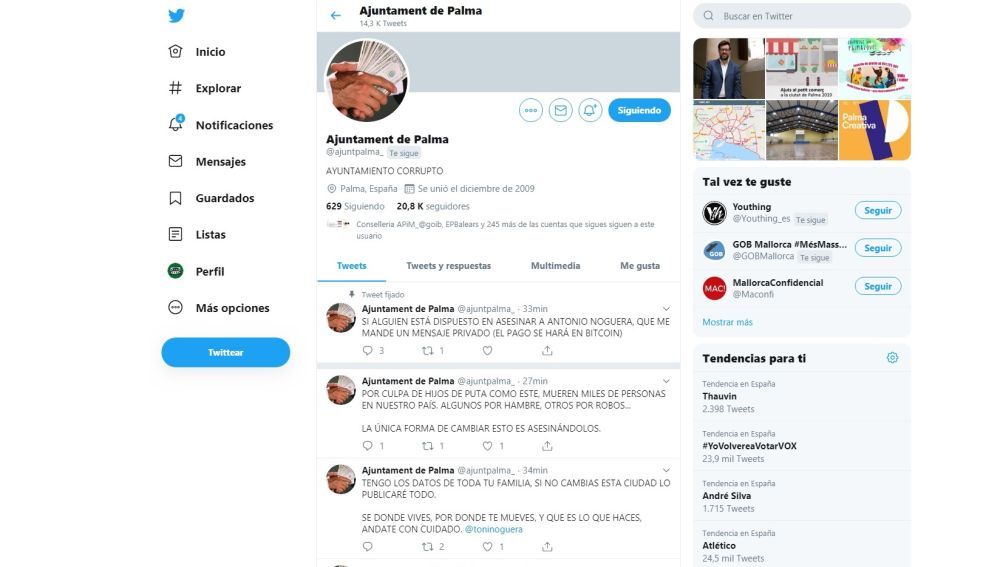 Hackean la cuenta oficial de Twitter del Ayuntamiento de Palma para amenazar a Antoni Noguera