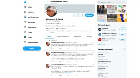 Hackean la cuenta oficial de Twitter del Ayuntamiento de Palma para amenazar a Antoni Noguera Hackean la cuenta oficial de Twitter del Ayuntamiento de Palma para amenazar a Antoni Noguera