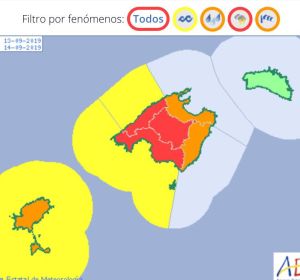 Mapa de la AEMET con los avisos meteorológicos activados en Baleares Mapa de la AEMET con los avisos meteorológicos activados en Baleares
