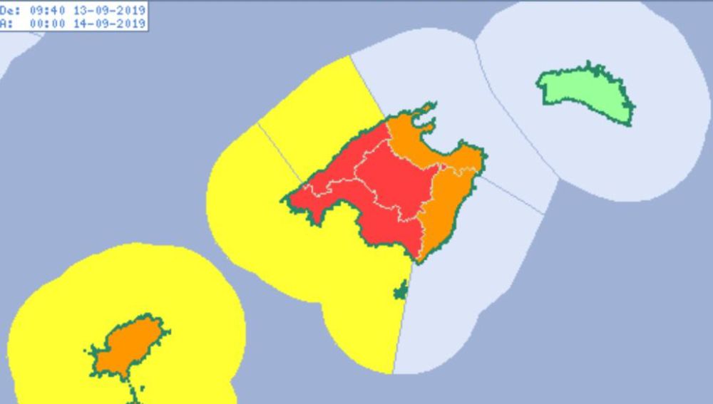 Mapa de la AEMET con los avisos meteorológicos activados en Baleares