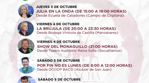 Programaci&oacute;n de los programas que Onda Cero emitir&aacute; desde bodegas de la DO La Mancha