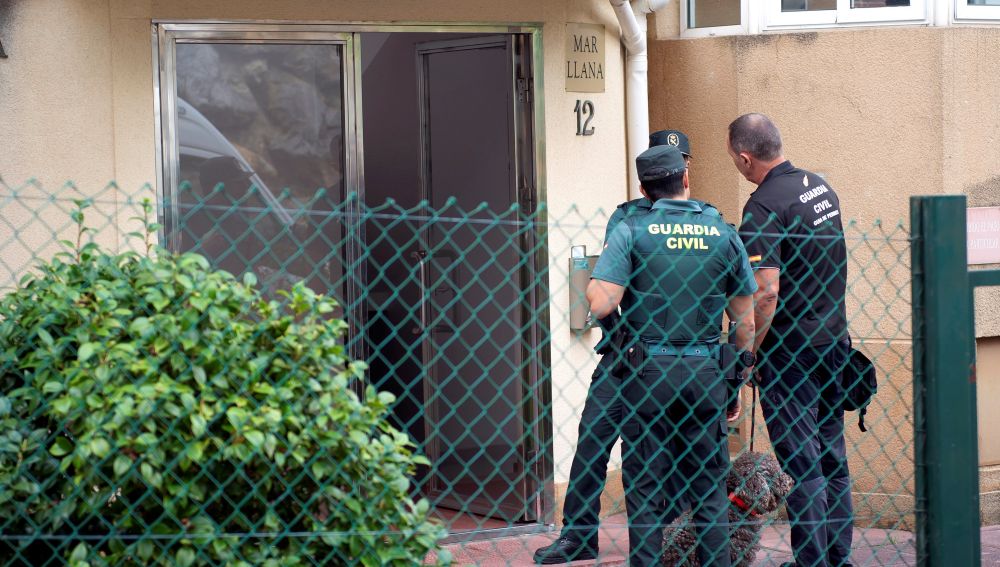 Agentes de la Guardia Civil junto a guías caninos, durante el registro efectuado este miércoles en el piso de la mujer detenida en Castro Urdiales