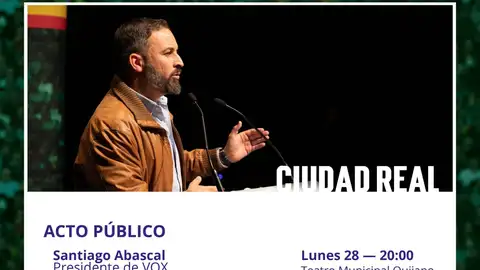 Santiago Abascal estará en Ciudad Real el lunes 28 de octubre Santiago Abascal estará en Ciudad Real el lunes 28 de octubre