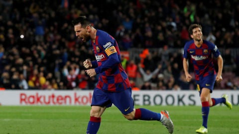 Leo Messi celebra su gol en el Camp Nou