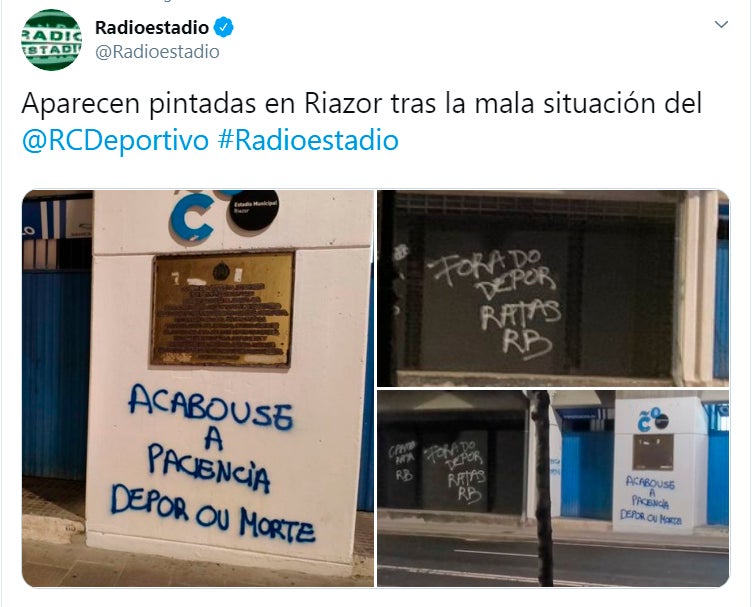 Aparecen pintadas en Riazor tras el Extremadura - Deportivo: "Se acabó la paciencia" Aparecen pintadas en Riazor tras el Extremadura - Deportivo: "Se acabó la paciencia"