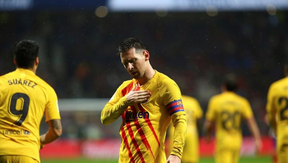 Leo Messi celebra su gol en el Wanda Metropolitano