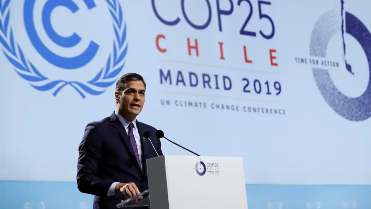 Pedro Sánchez durante su intervención en la Cumbre del Clima de Madrid Pedro Sánchez durante su intervención en la Cumbre del Clima de Madrid