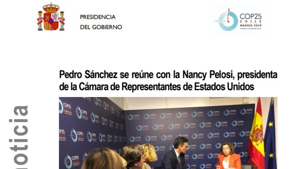 La errata en el titular del Gobierno que reúne a Sánchez con "la Nancy Pelosi"